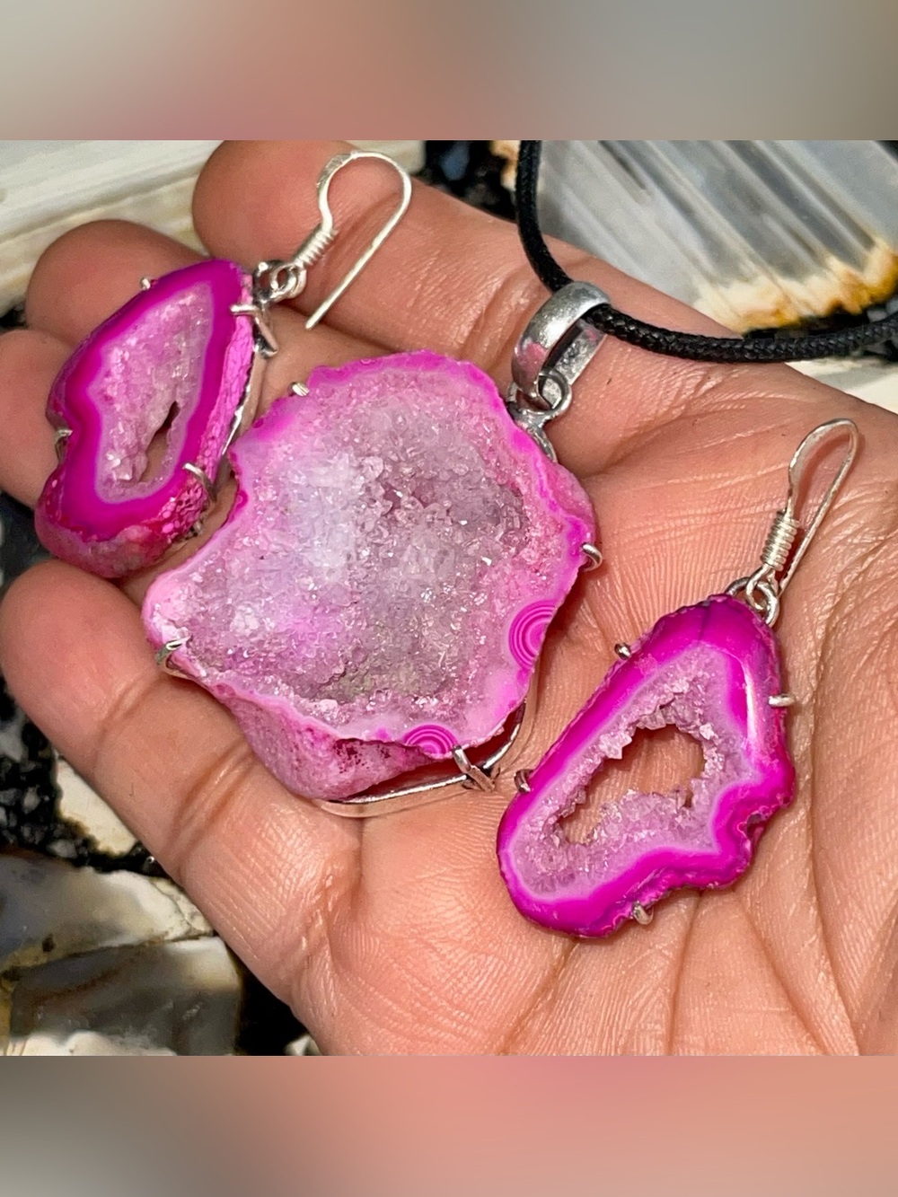 Drusy Solar Quartz Pendant & Earrings